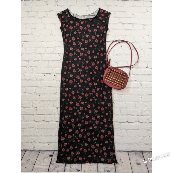 Authentic Original Vintage Style Dresses & Skirts - Vintage 1990s midi rose print dress attached overlay boat neck